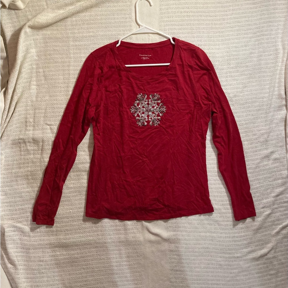 Charter Club Red Long Sleeve Top with Snowflake Motif